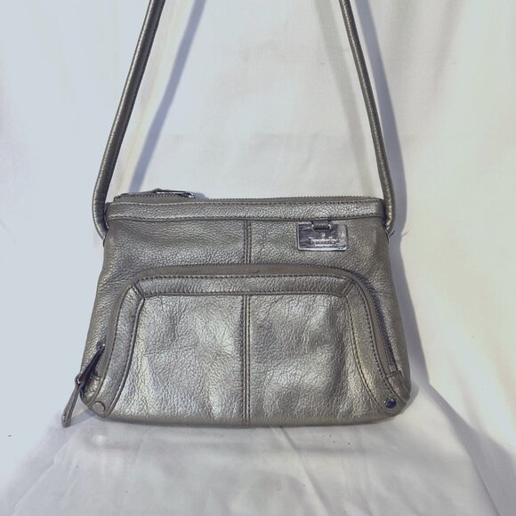 Tignanello Handbags - Tignaello Small Metallic Silver Pebble Leather Wallet Pocket Purse/Crossbody